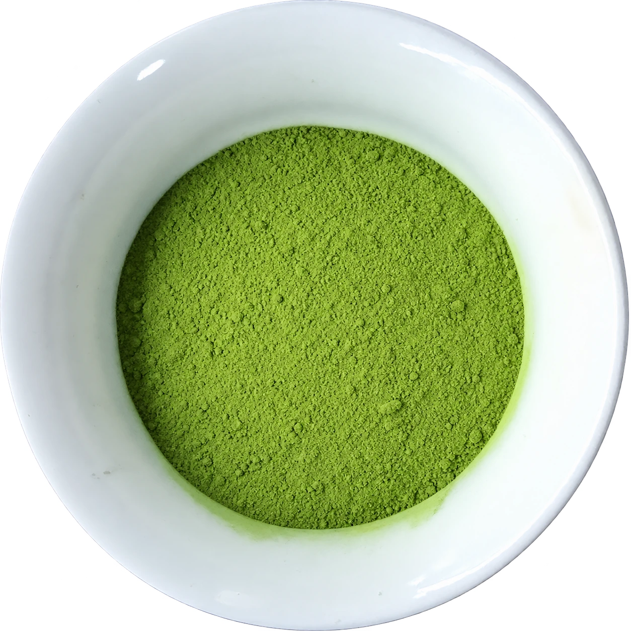 AI visual illustration of finely textured matcha powder in a white bowl, representing 7.5A