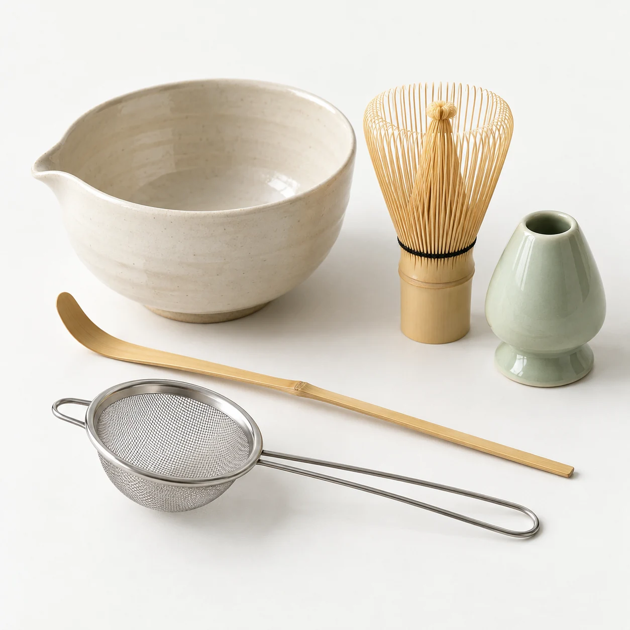 Concept illustration of a matcha bowl, bamboo whisk, whisk holder, scoop and fine mesh sieve