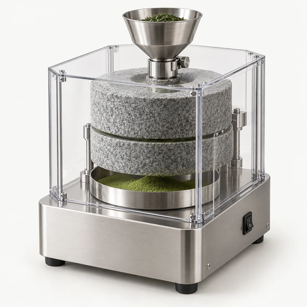 Concept illustration of an electric granite matcha stone mill with a clear enclosure