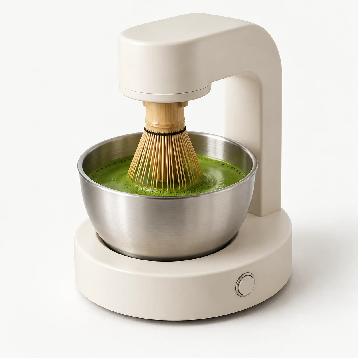 Concept illustration of a tabletop automatic matcha whisking station with bamboo whisk and mixing bowl
