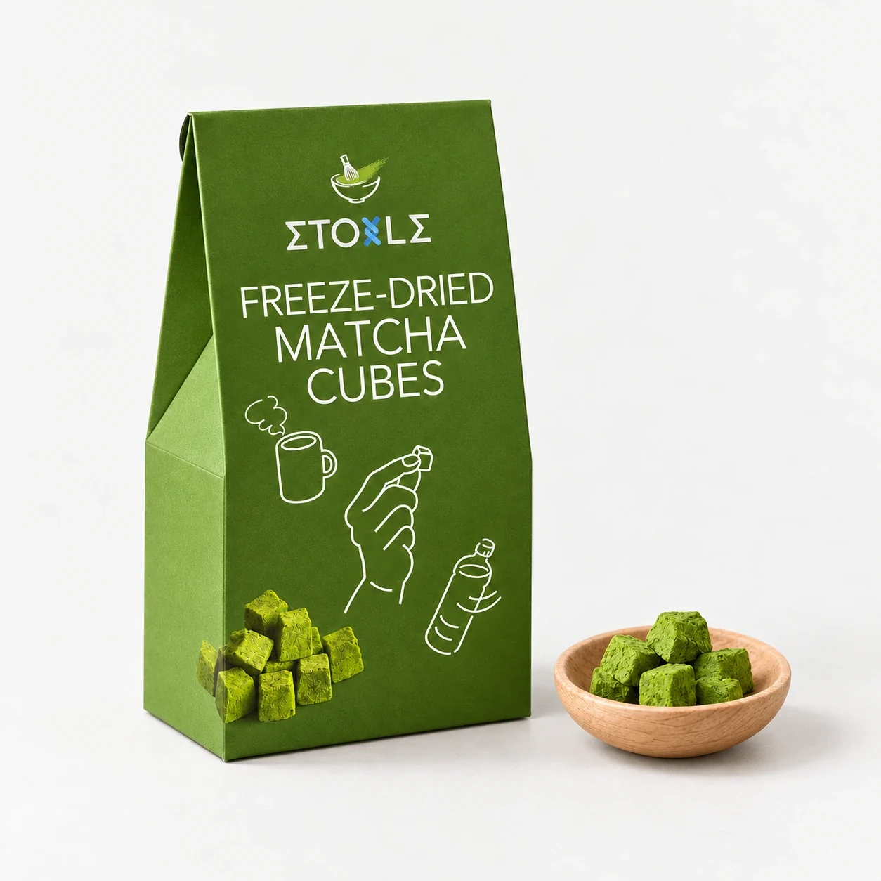 Green Etoile freeze-dried matcha packaging with a wooden bowl of cubes
