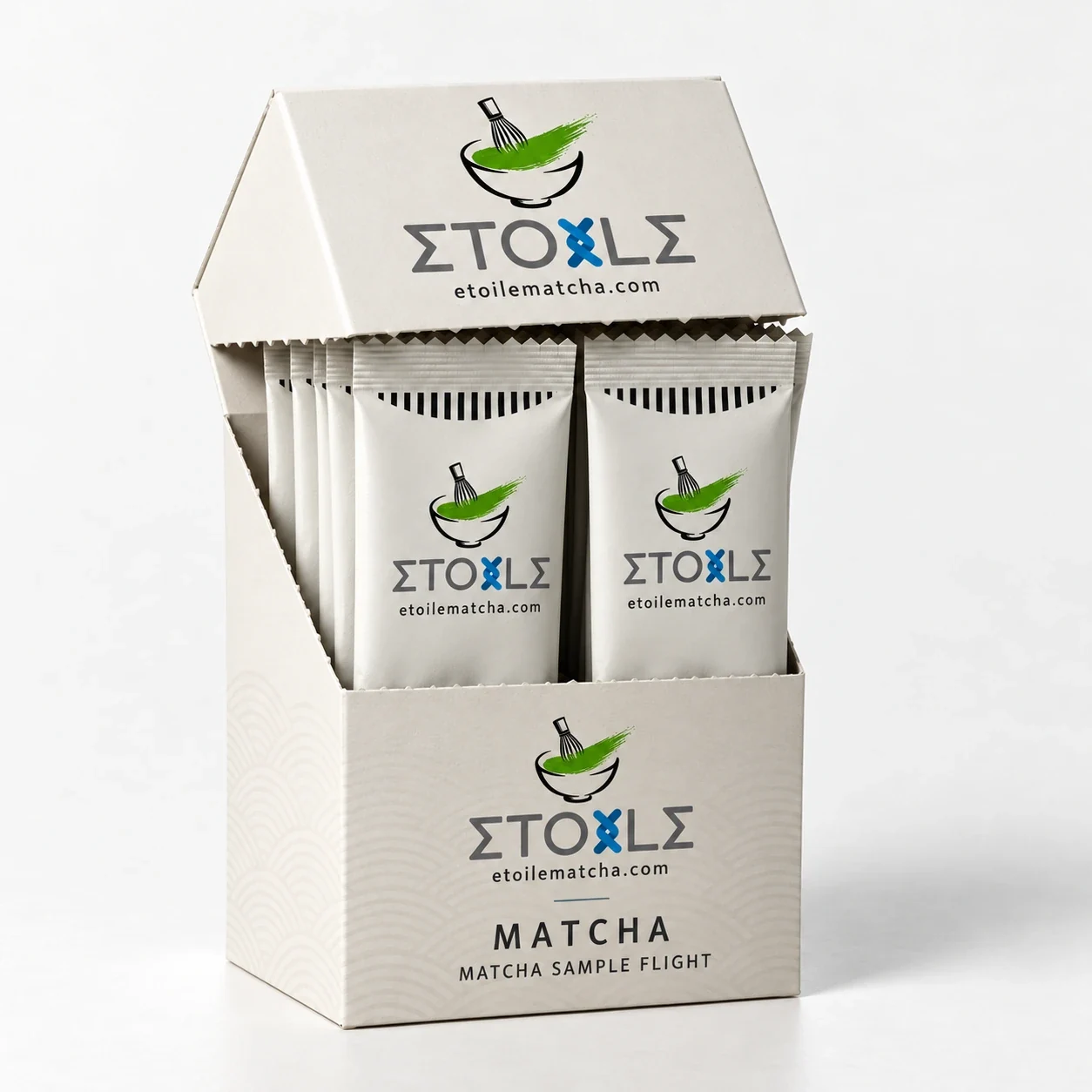 Etoile countertop display box with individually wrapped matcha sachets