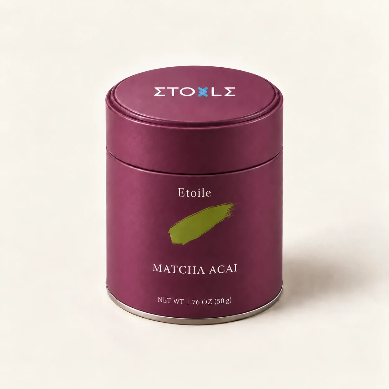 Plum Matcha Acai tin concept